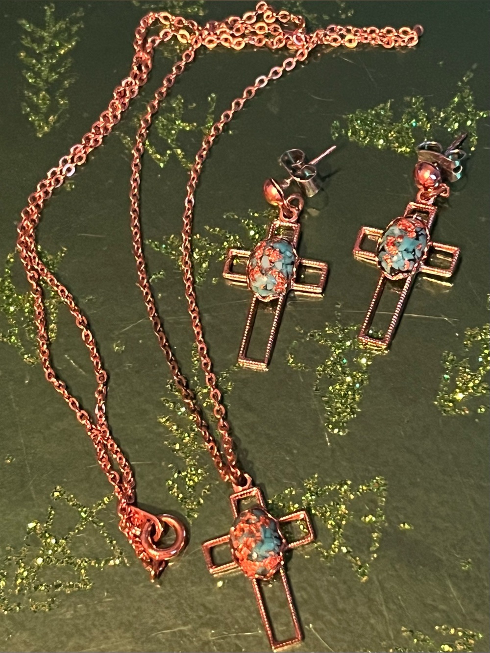 Turquoise Inlay Cross Necklace and Earring Set - Women Jewelry